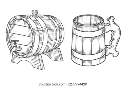 Beer glass, wooden mug. Sketch style vector illustration. Alcoholic drink drawing. Great for restaurant, bar, pub menu, oktoberfest