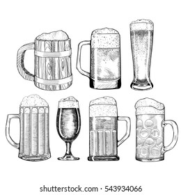 Beer Glass, Wooden Mug. Sketch Style Vector Illustration. Hand Drawn Isolated Beverage Object On White Background. Alcoholic Drink Drawing. Great For Restaurant, Bar, Pub Menu, Oktoberfest