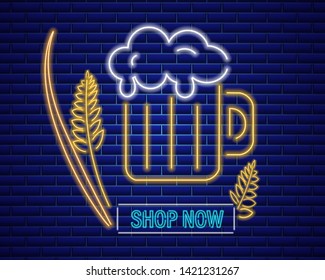 Beer glasse neon sign Vector. Fresh drink symbol icon template