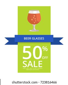 Beer glasses 50% off sale, including icon of pint of stout with bubbles and text sample vector illustration isolated on white background.