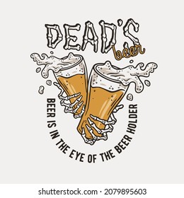 Beer glasses in bone hands of a skeleton for bar. Original brew design with beer mugs with foam for print