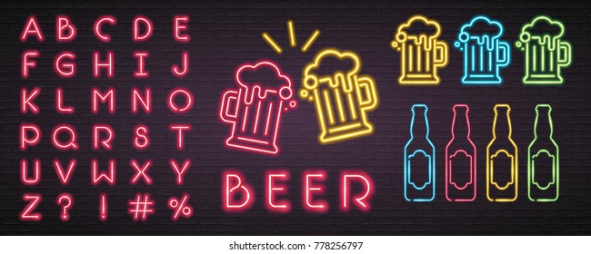 Beer Glasses and Bottle Neon Light Glowing Vector Different Colours Set Bright, Advertising, Banner. Editing Easy Neon Text Alphabet Red Light