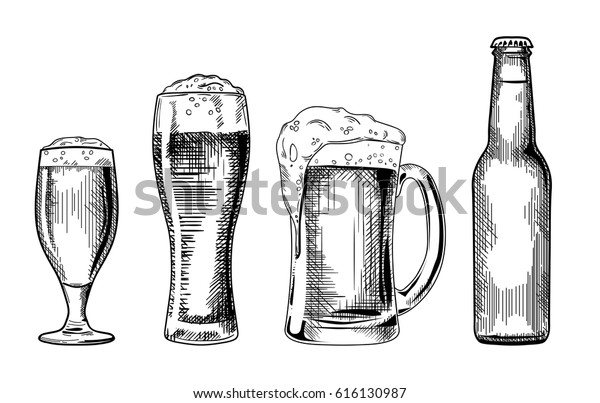 Beer glasses and bottle.\
Vector vintage illustration isolated on white background. Ink hand\
drawn style