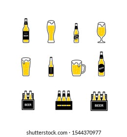 Beer glasses and bottles color icons set. Vector