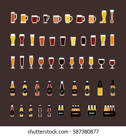 Beer glasses and bottles colored icons set in flat style. Vector