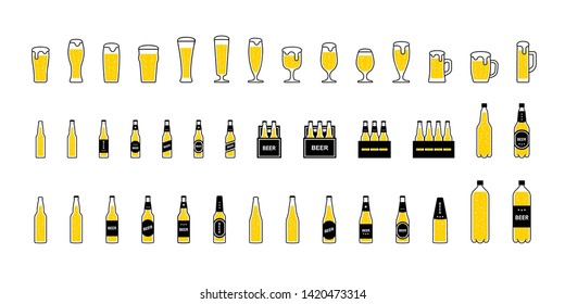 Beer glasses and bottles with foam and bubbles, icons set. Vector