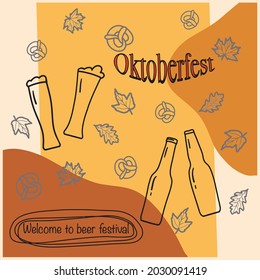 Beer glasses and bottles with beer on a background of autumn leaves and cookies. Octoberfest and Welcome to beer festival. Vector color illustration. Oktoberfest invitation, flyer, beer holiday 