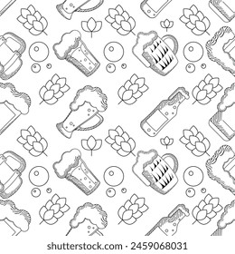 Vasos de cerveza y botellas boceto patrón de fondo Ilustración vectorial