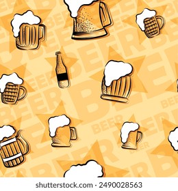 Beer glasses and bottles sketch pattern background Vector illustration