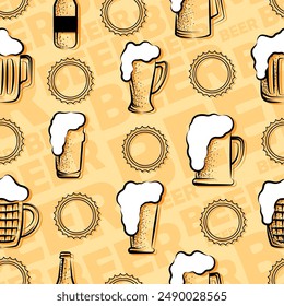 Beer glasses and bottles sketch pattern background Vector illustration