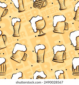 Vasos de cerveza y botellas boceto patrón de fondo Ilustración vectorial