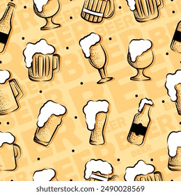 Beer glasses and bottles sketch pattern background Vector illustration