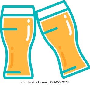 Beer glasses cheers clinking each other. Joyful toast to meeting and weekend in pub. Glass vessel with carbonated cool juice. Stroke cartoon outline vector element isolated on white background