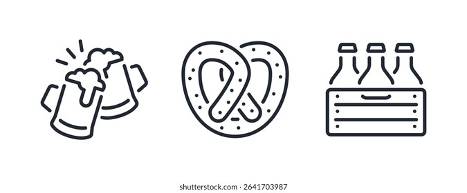 Beer glasses cheers, oktoberfest pretzel and bottles package box editable stroke outline icons set isolated on white background flat vector illustration. Pixel perfect. 64 x 64.