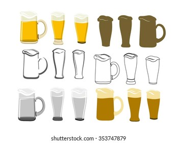 Beer glasses different line and graphic vector collection. Set of beer color and outline beer mug, silhouette of beer mugs.