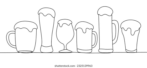 Beer glasses of different shapes. Glasses with beer and foam. International Beer Day. One line drawing for different uses. Vector illustration.