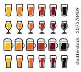 Beer glasses different types icons - lager, pilsner, ale, wheat beer, stout 