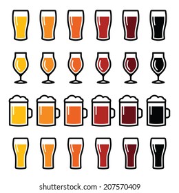 Beer glasses different types icons - lager, pilsner, ale, wheat beer, stout 