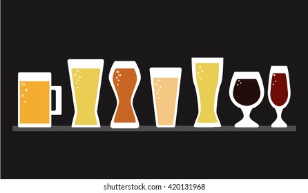 Beer glasses different types icons - lager, pilsner, ale, wheat beer, stout