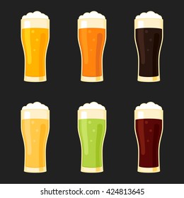 Beer glasses different types - lager, pilsner, ale, stout, green, red. Vector illustration sign flat style for web design and print