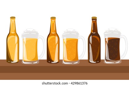 Beer glasses different types lager, pilsner, ale, wheat beer, stout. Vector illustration isolated