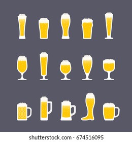 Beer glasses with foam and bubbles. Icon set in flat style. Vector