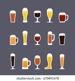 Beer glasses with foam and bubbles, various colors. Icon set in flat style. Vector