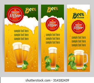 Beer glasses and fresh hops on banners set. Original backdrops with beer and foam. Vector illustration.