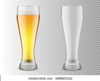 Beer glasses, full and empty. Realistic vector illustration isolated on transparent background	