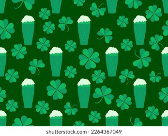 Beer glasses with green beer and clover leaves seamless pattern. Alcoholic green beer for St. Patrick's Day. Design for printing, postcards and polygraphy. Vector illustration
