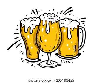 Beer glasses. Hand drawn colorful line art. Vintage vector illustration isolated on white background.