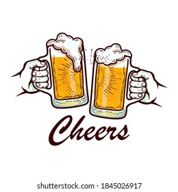 Beer glasses hand drawn vector illustration. Cheers lettering phrase. Cartoon style. Design for logo, banner, poster, greeting cards, web, invitation to party.