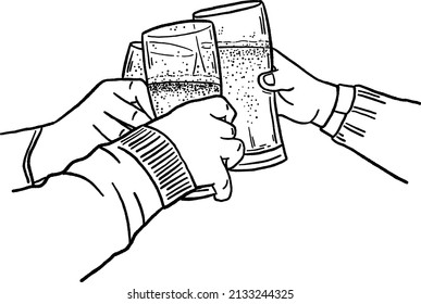 Beer Glasses in hand People Celebrate Holiday festival Hand drawn line art Illustration