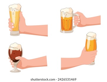 Beer glasses in hands. Light alcoholic beverages. Friends in a beer pub or bar. Party with alcohol. Vector illustration