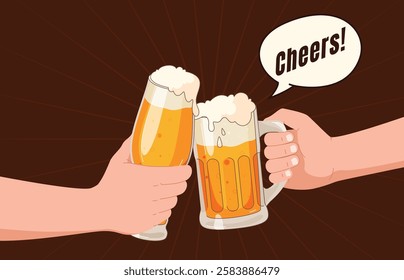 Beer glasses in hands. Light alcoholic beverages. Friends in a beer pub or bar. Party with alcohol. Vector illustration