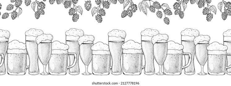 Beer glasses and hop sketch. Pub or bar menu design template. Horizontal seamless background. Hand drawn vector illustration.