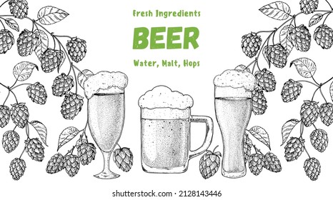 Gafas de cerveza y boceto de lúpulo. Plantilla de diseño de cervecería. Ilustración del salto de cerveza. Diseño de boceto dibujado a mano. Ilustración vectorial de ingredientes de cerveza.