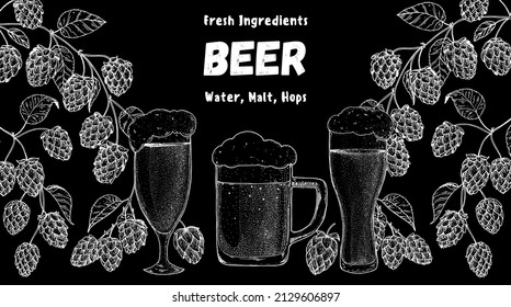 Gafas de cerveza y boceto de lúpulo. Plantilla de diseño de cervecería. Ilustración del salto de cerveza. Diseño de boceto dibujado a mano. Ilustración vectorial de ingredientes de cerveza.