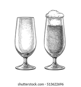 Beer glasses isolated on white background. Hand drawn vector illustration. Retro style.