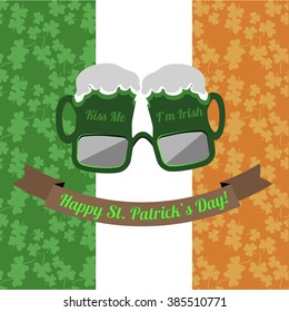 Beer glasses Kiss Me I'm Irish for Saint Patrick's Day on the Irish flag background with shamrock seamless pattern