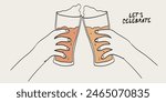 Beer glasses mug hand drawn vector illustration. Cartoon style. Cheers with friends. Design for banner, poster, greeting cards, web, invitation to party. Drinks in hands simple ink charcoal style. 