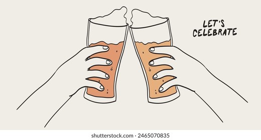 Beer glasses mug hand drawn vector illustration. Cartoon style. Cheers with friends. Design for banner, poster, greeting cards, web, invitation to party. Drinks in hands simple ink charcoal style. 