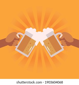 beer glasses mug in hands, cheers vector illustration