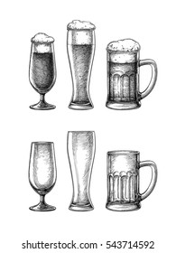 Beer glasses and mug isolated on white background. Hand drawn vector illustration. Retro style. - Shutterstock ID 543714592