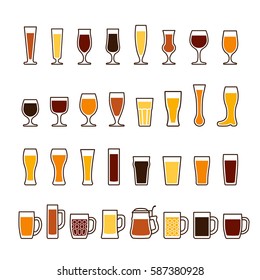 Beer in glasses and mugs, different types. Vector icon set