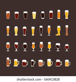 Beer glasses and mugs flat icon set, variety of beers