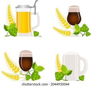 Gafas de cerveza y tazas planas con lúpulo y trigo