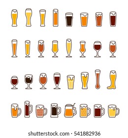 Beer In Glasses And Mugs With Foam. Vector Icon Set