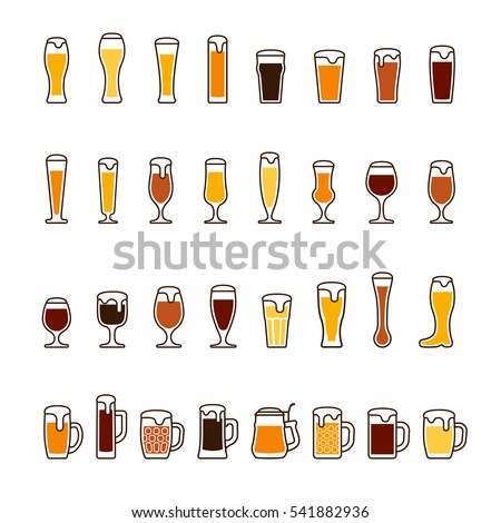 Beer in glasses and mugs with foam. Vector icon set