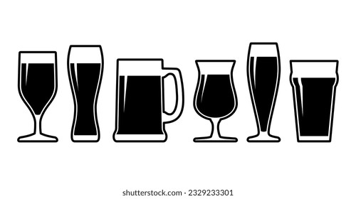 Beer glasses and mugs icons set. Alcoholic beverage menu collection set. Labeled visualization with various glasses styles for lager, pilsner, ale, dunkel and porter drinks. Vector illustration